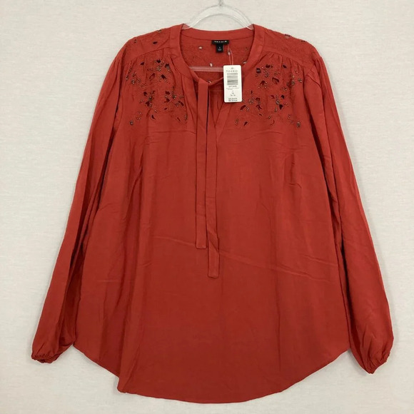 New Torrid Rusty Red Tie Front Beaded Embroidered Long Sleeve Blouse size 1X - Picture 1 of 11